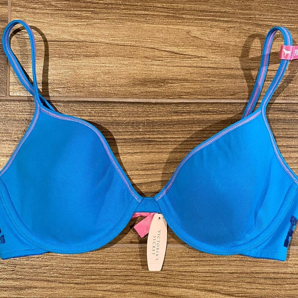 Vintage Victoria's Secret PINK University T-shirt bra 36B New w/ Tags Aqua Blue